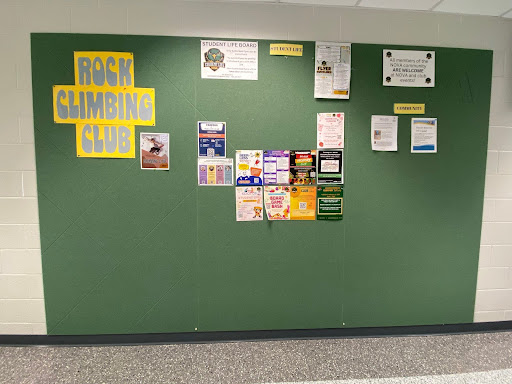 Rock Climbing Club's decorated bulletin board.