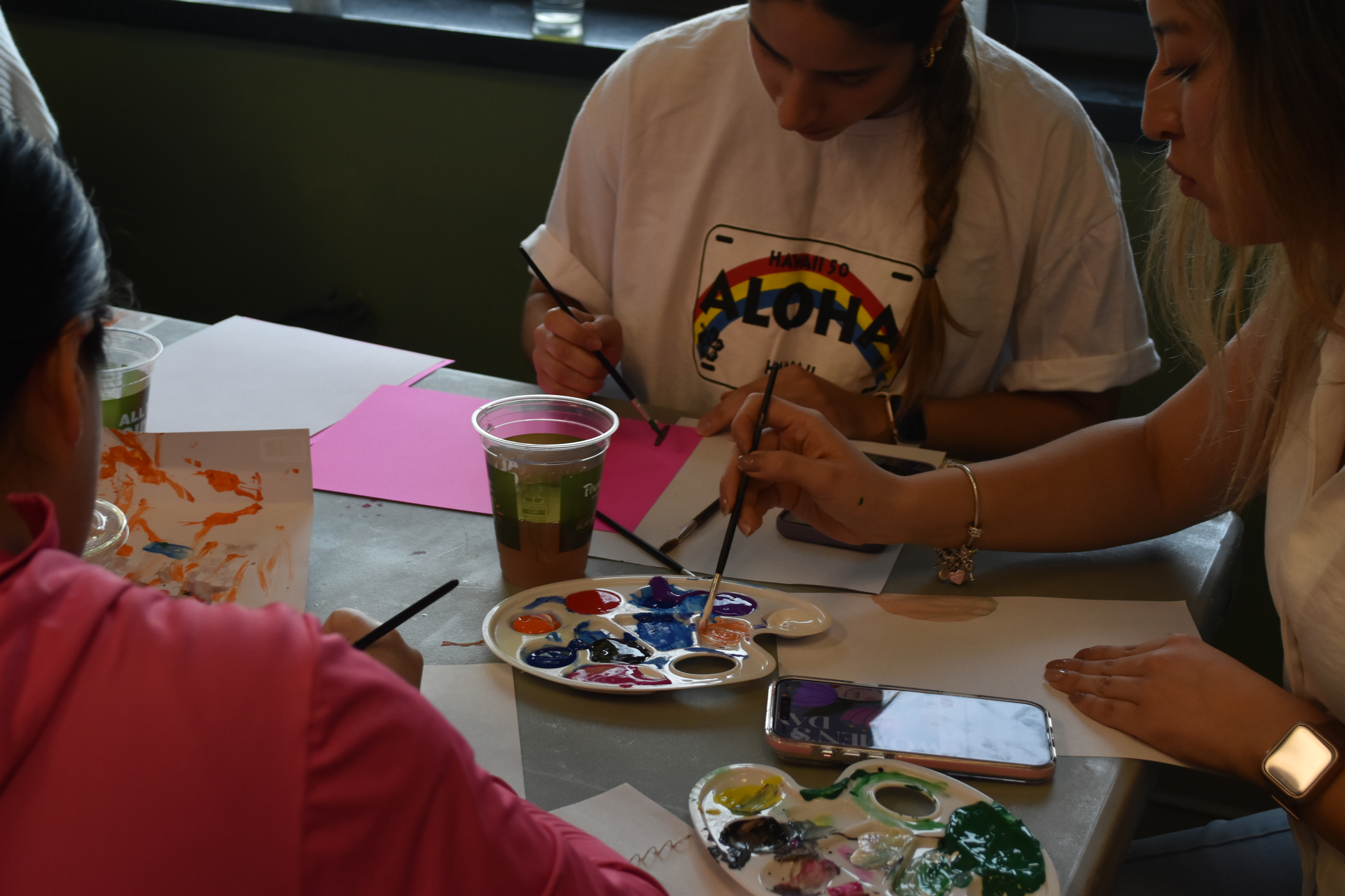 Students painting at a table