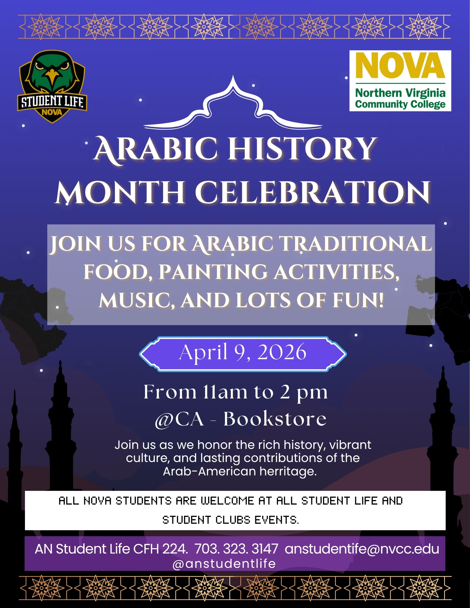 Arabic History Month Celebration flyer for April 9, 2026, from 11 AM to 2 PM at the CA Bookstore. Event includes traditional food, painting, and music to honor Arab-American heritage. Hosted by NOVA Student Life.