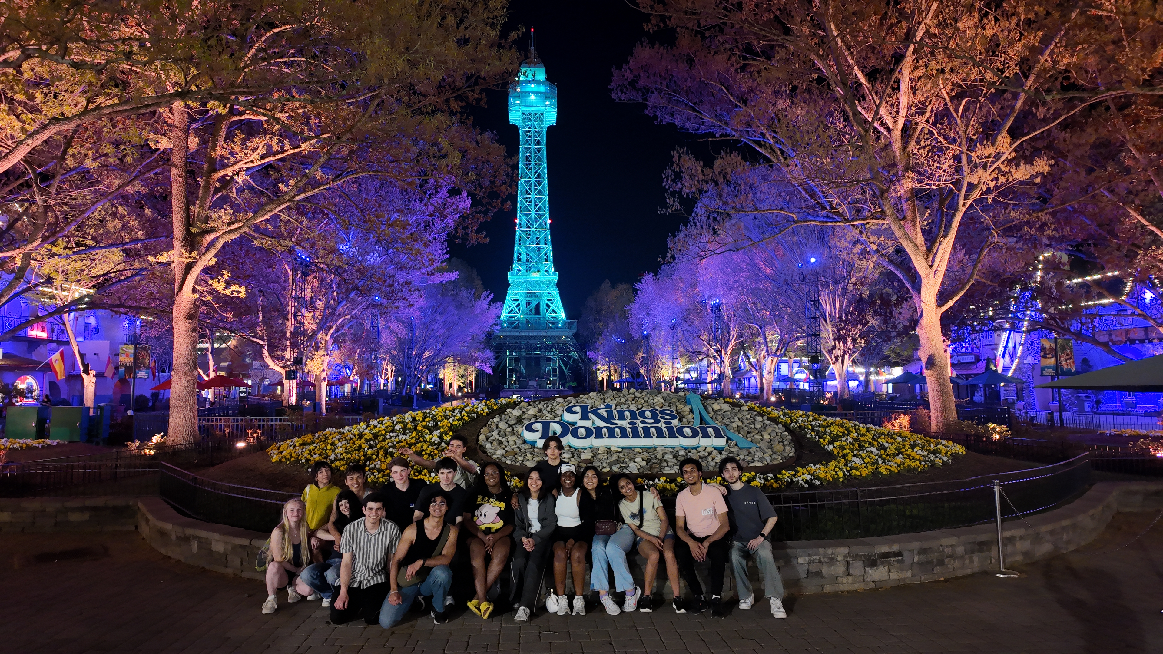 Students on the King's Dominion trip late at night.
