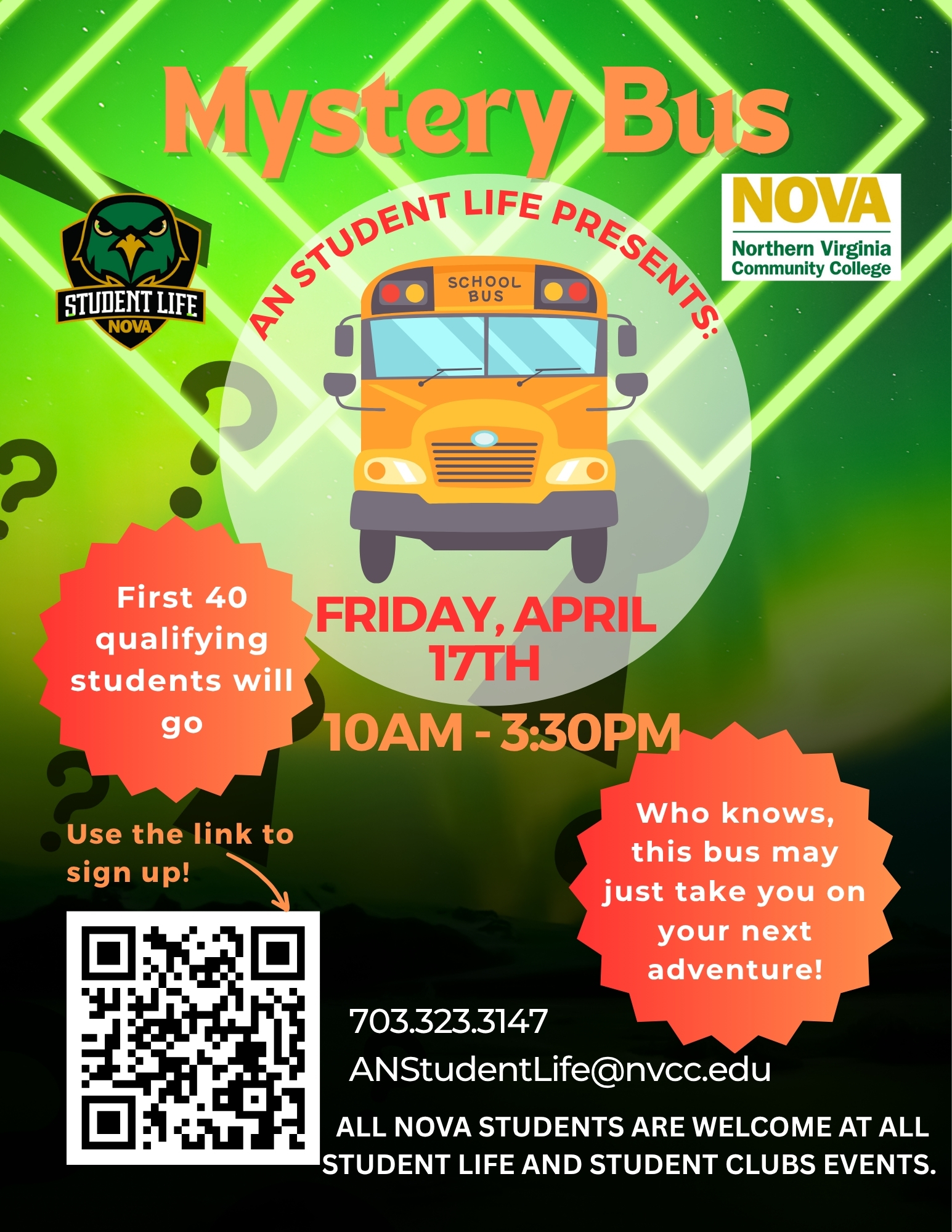Picture of a School bus with dark green lasers in the background.