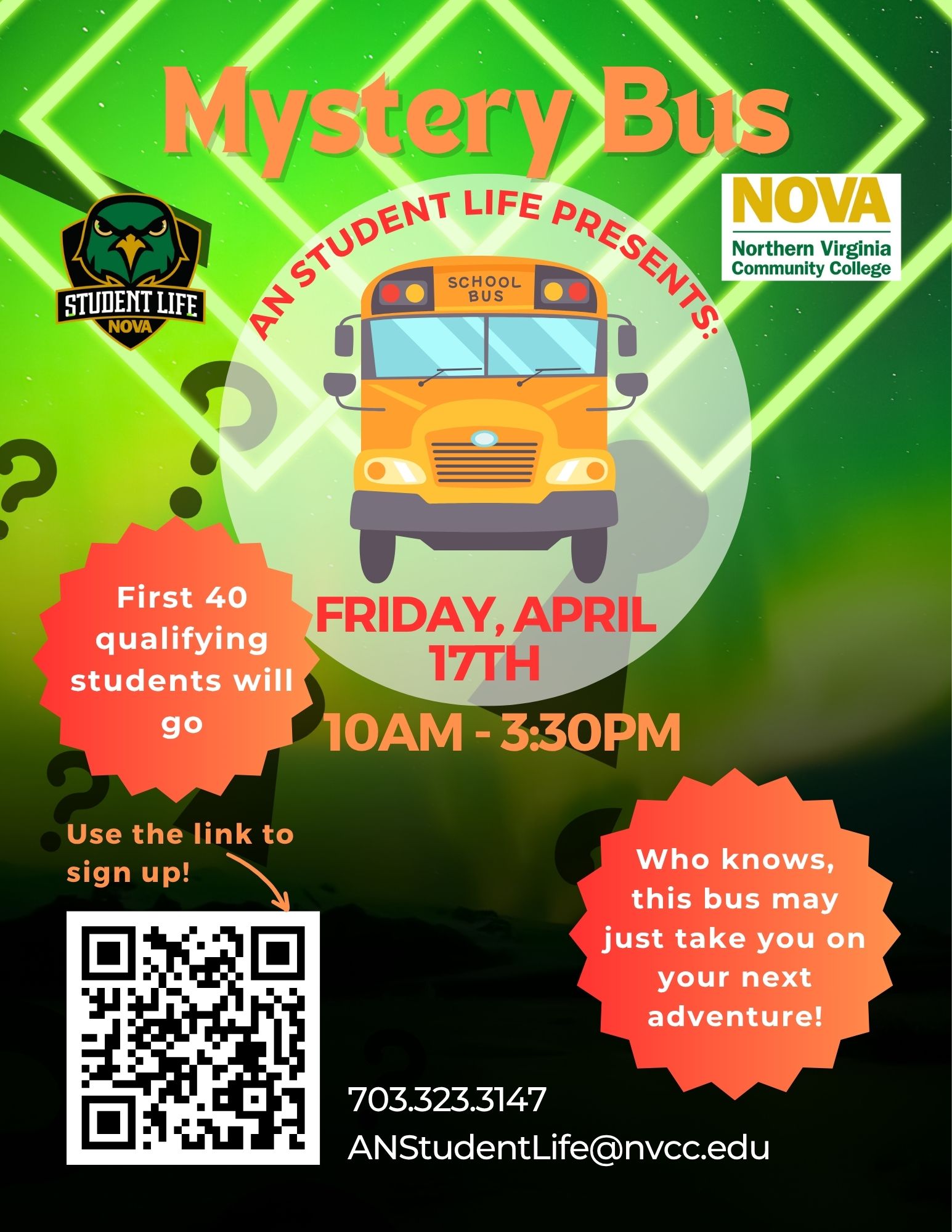 Picture of a School bus with dark green lasers in the background.