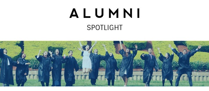 Alumni website banner. Picture shows students in graduation cap and gown jumping and celebrating.