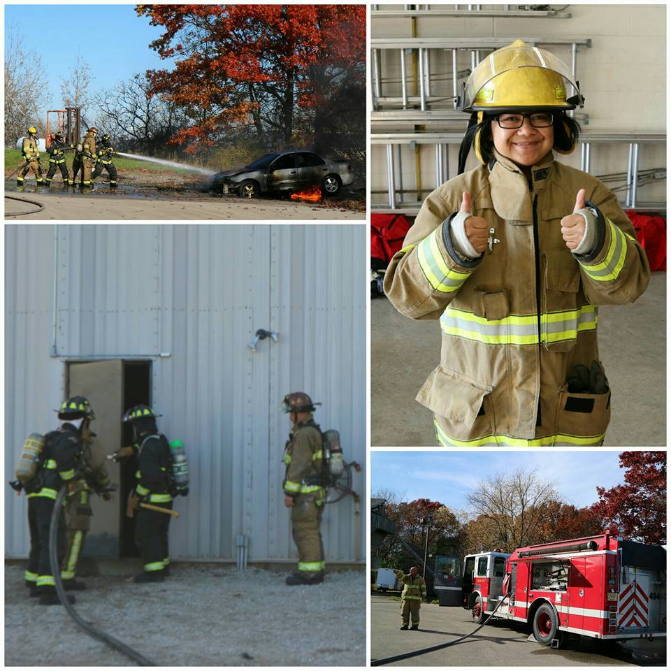 Collage of Bunga Yuniasari from Indonesia working with fire fighters
