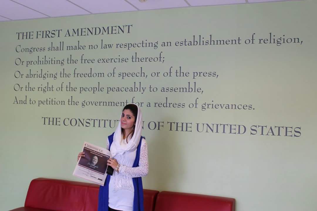 CCI participant Tayyaba Siddiqui (Pakistan, Scottsdale Community College, 2016-17) with her publication in a local paper.