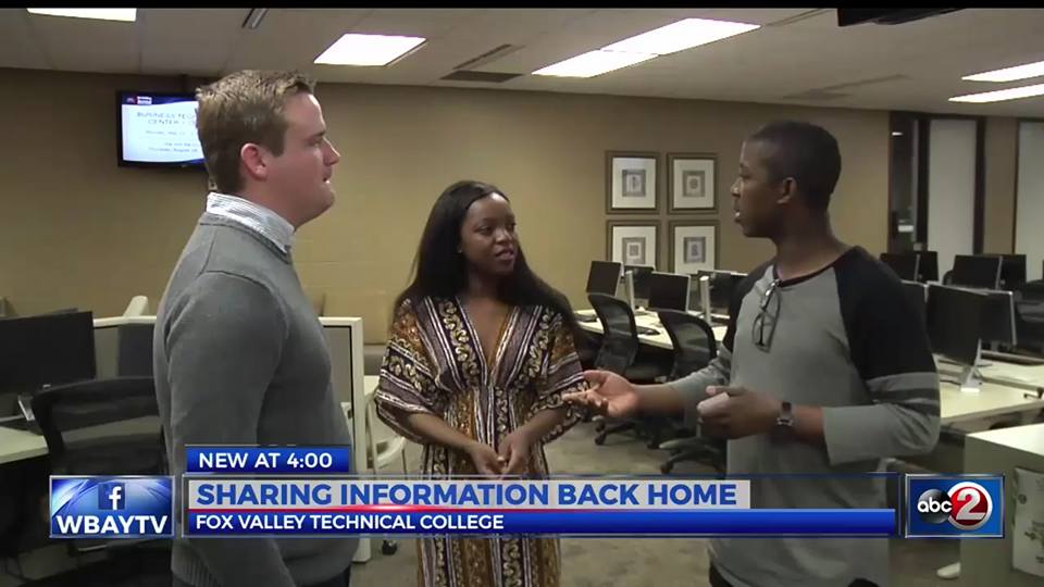 CCI participants Nkululeko and Juliet explain their plan to bring computer training skills to South Africa in an interview with local news during their CCI exchange year at Fox Valley Technical College.