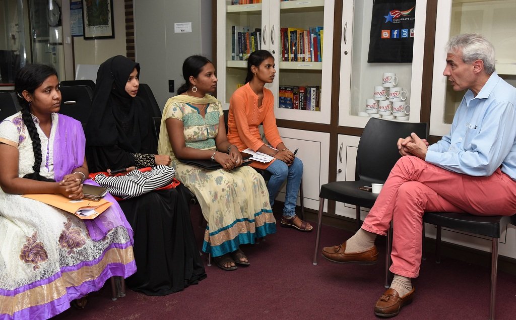 Gabriel Hons-Olivier, Chief, Public Affairs, US Consulate General, Hyderabad interacting with students selected for Community College Initiative Program. Photo: Hrudayanand