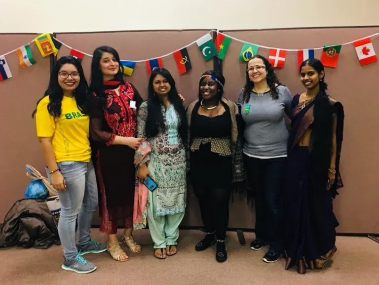 CCI participants studying at Northern Virginia Community College shared information about their home countries with Girl Scouts in Virginia during a World Thinking Day event. (From left to right: Lara da Silva Pontes, Maria Eiman, Ayesha Alam, Mamello Moloi, CCI Senior Program Manager Sara Mohamed, and Kaveri Aavula)