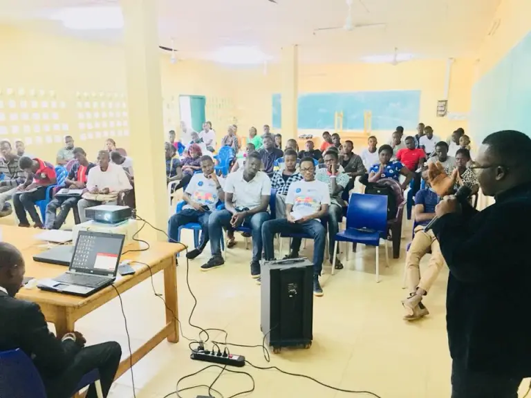 Joel and Emmanuel presenting workshops on leadership, volunteering, English learning, and women’s empowerment to youth in Cote d’Ivoire.
