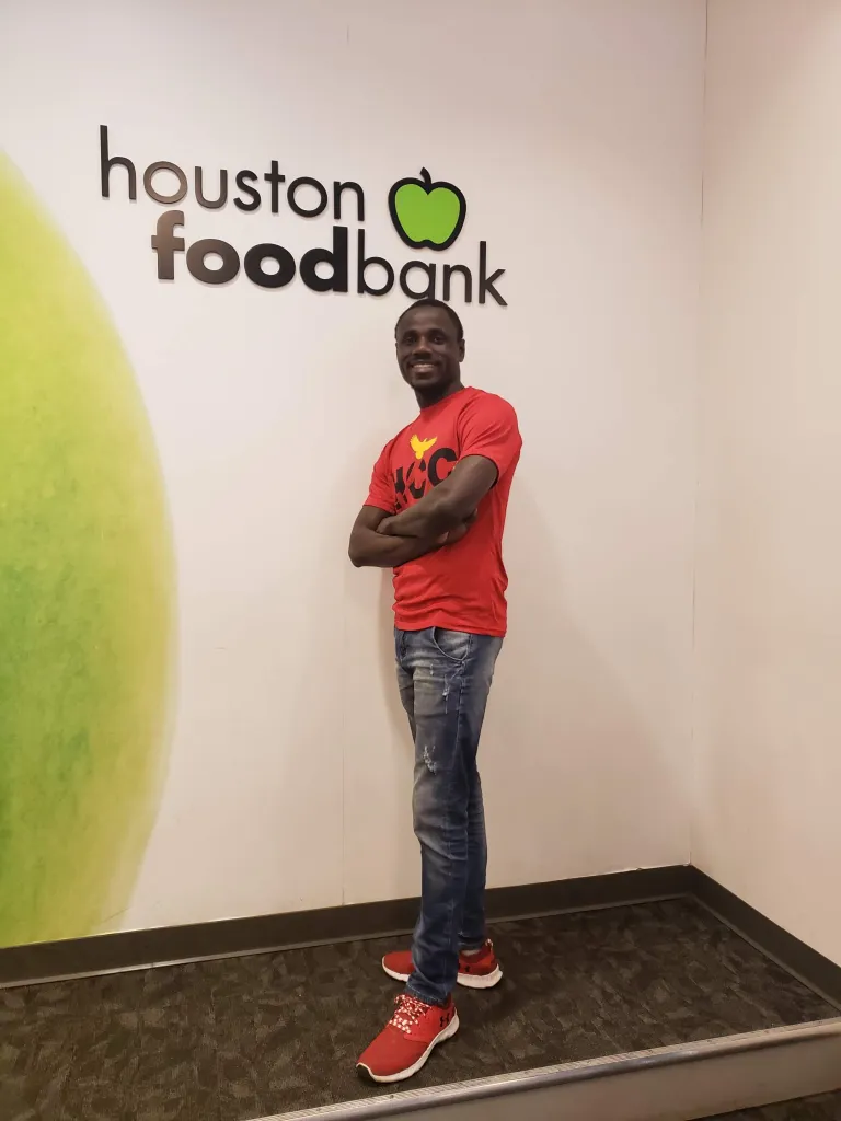 CCI participant Kandiosky N’guessan (Cote d’Ivoire, Houston Community College, 2018-19) during the HCC Logistics Student Club’s first activity at the Houston Food Bank. [Photo courtesy of HCC Logistics Club]
