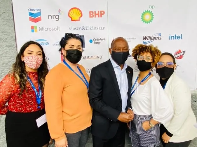 CCI Program Coordinator Odeta Zheku (center left) and participants Amaarah Sadien of South Africa (far left) Vanessa Villar Reyes of Dominican Republic (center right) and Juliana Giraldo Galeano of Colombia (far right) pose with Sylvester Turner (center), Mayor of Houston, Texas.