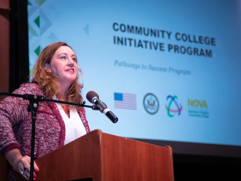 ECA Deputy Assistant Secretary Caroline Casagrande spoke about the value of the CCI Program, the impact that participants and alumni are making in their communities, and the importance of community colleges and study in the United States. Casagrande closed her remarks by challenging CCI participants to use their leadership skills when they return home to mobilize and act as difference-makers in their countries. [Photo courtesy of the U.S. Department of State’s Bureau of Educational and Cultural Affairs].