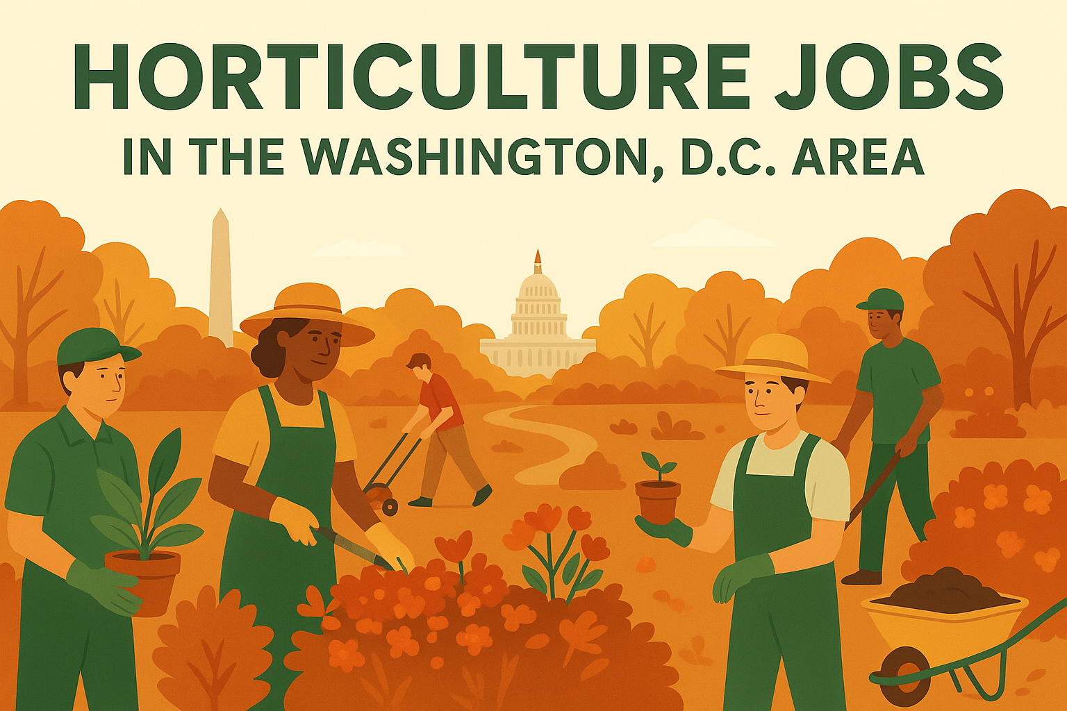 an image showing cartoon gardeners working in fall with Washington DC landmarks in background