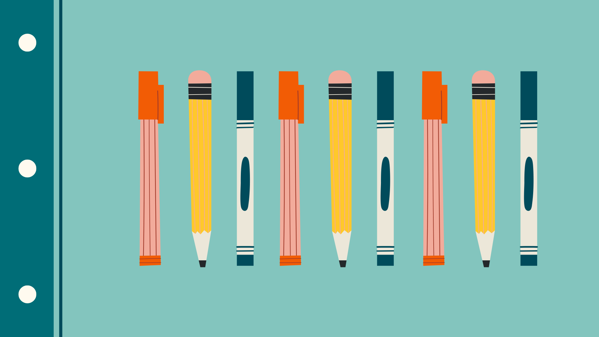 different writing tools in a line