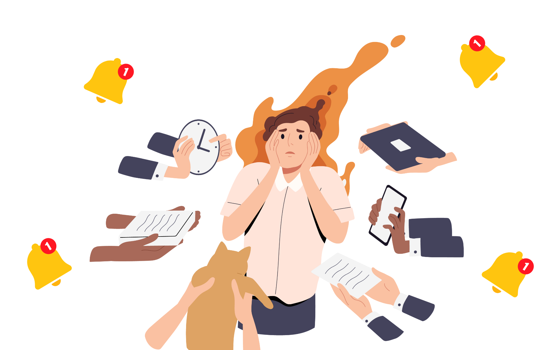 A cartoon image of a person being overwhelmed with various commitments. 