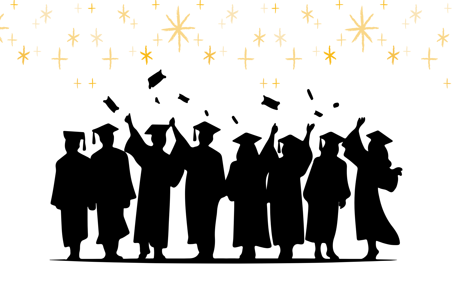 A cartoon drawing of students graduating and throwing their caps up in the air. 