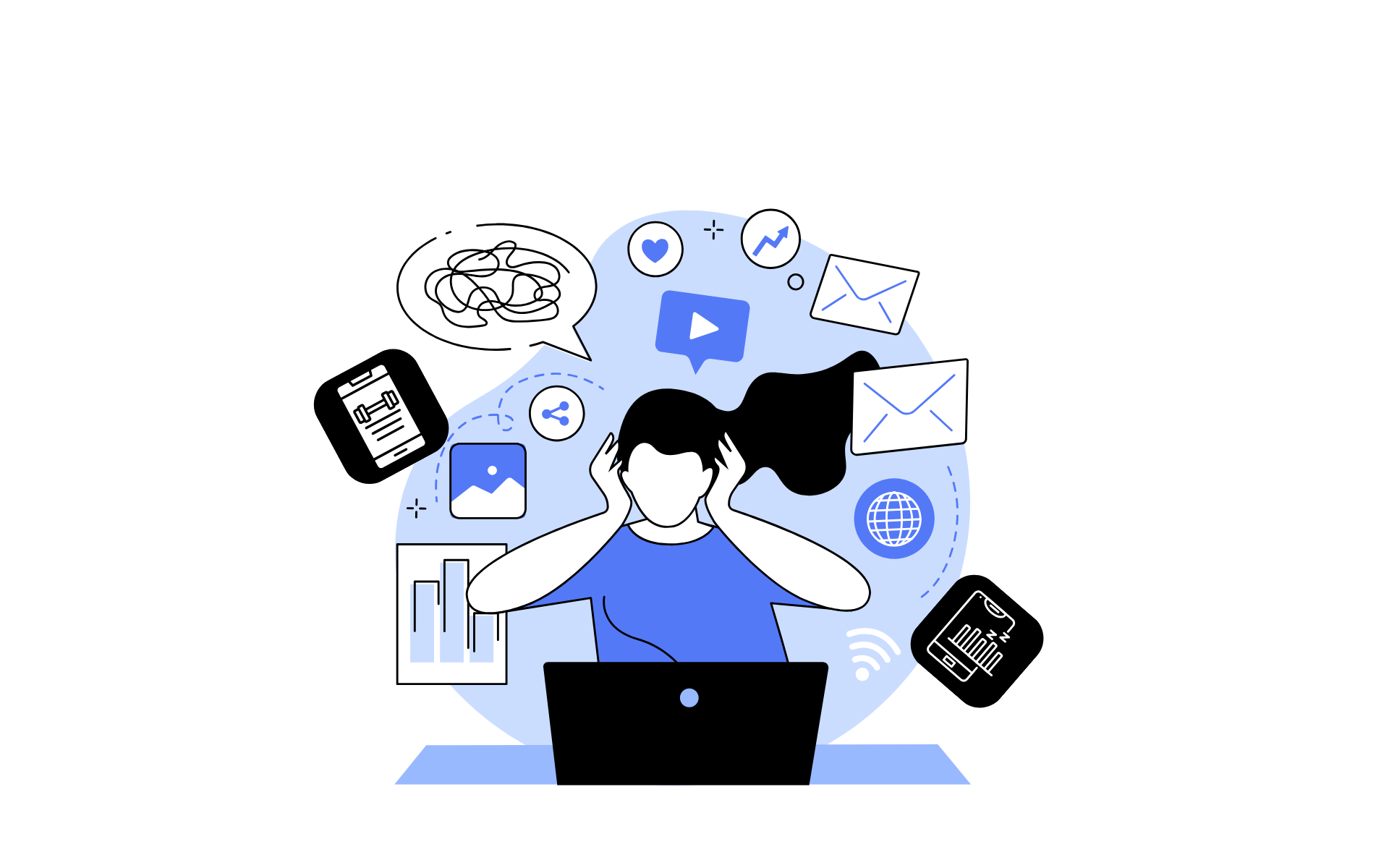 A cartoon person working at a computer feeling overwhelmed with digital distractions. 