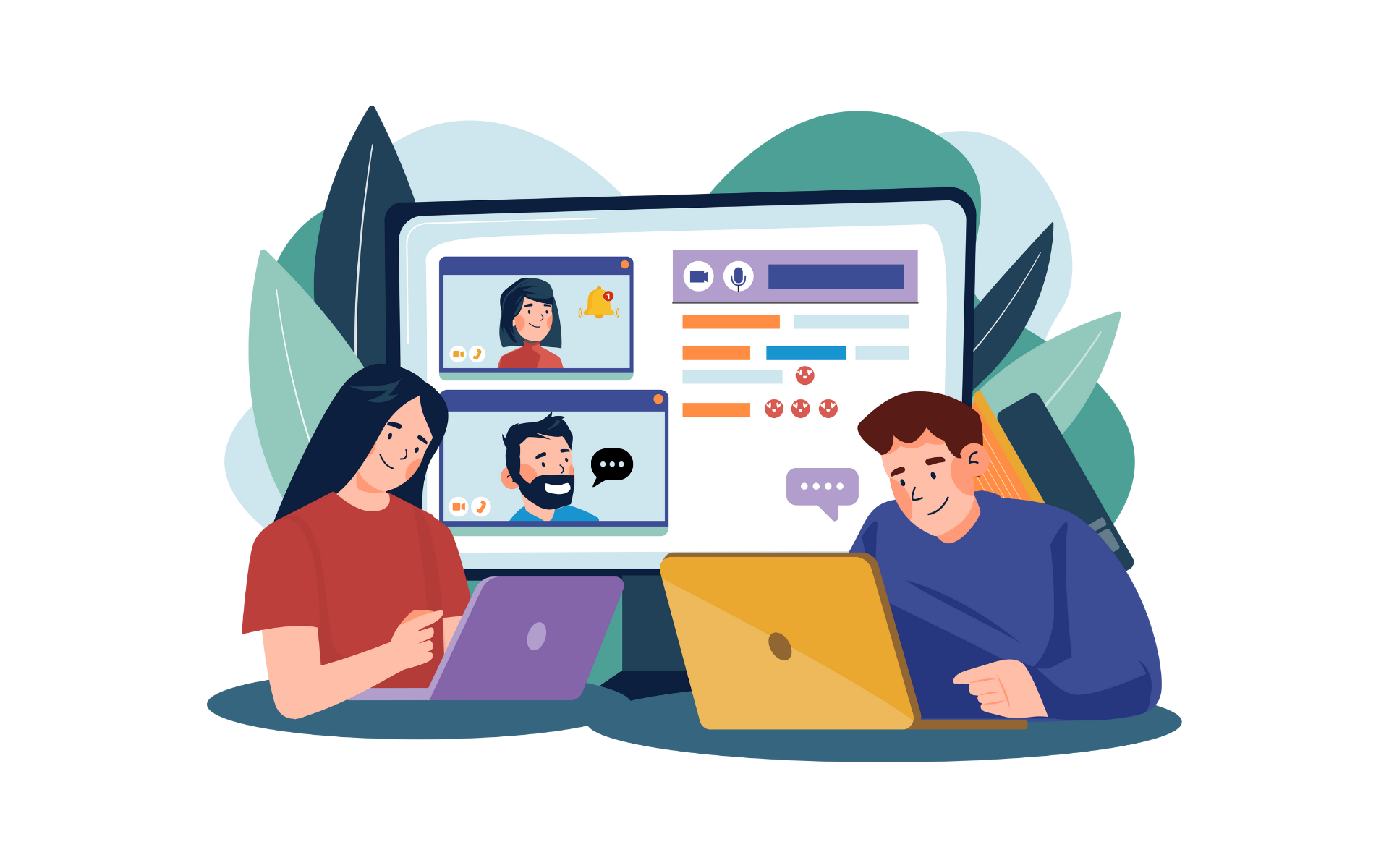 A cartoon graphic of people engaging with other people online. 