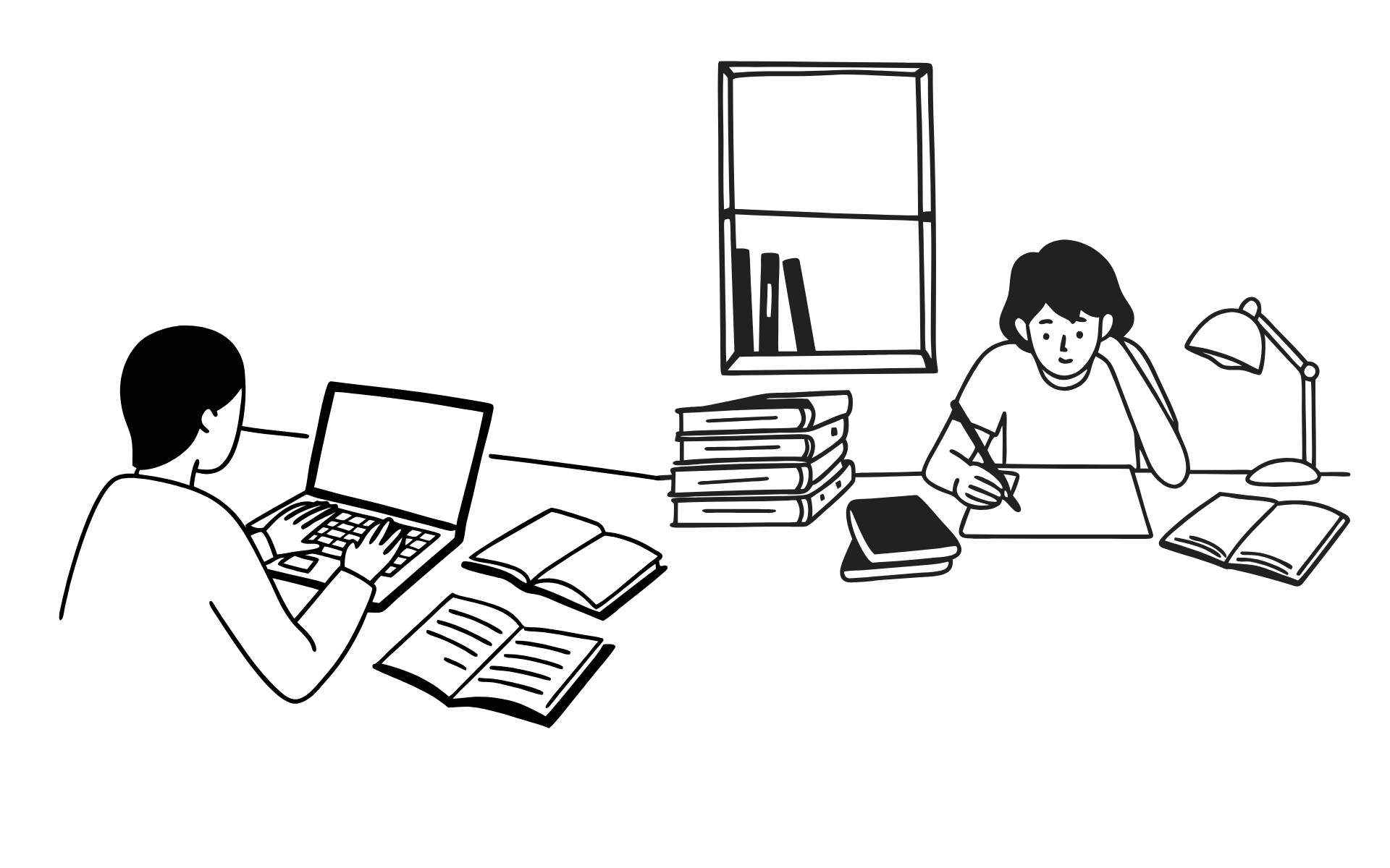 A group of pen drawn students studying together at a desk. 