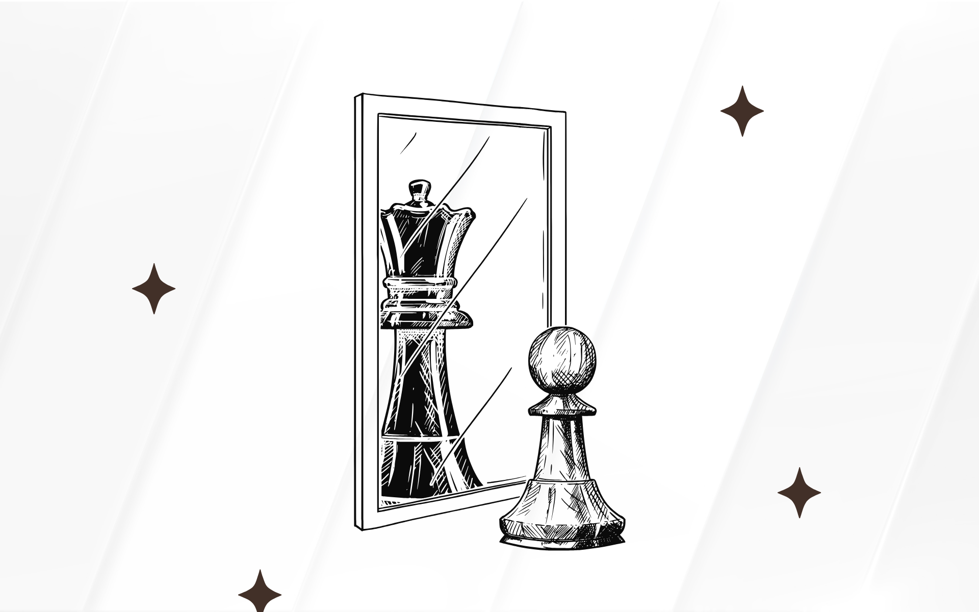 A pawn chess piece looking into a mirror visualizing the king chess piece it hopes to be.
