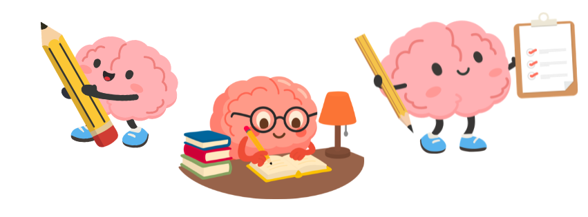 An image of brain cartoons studying and reading at a desk. 
