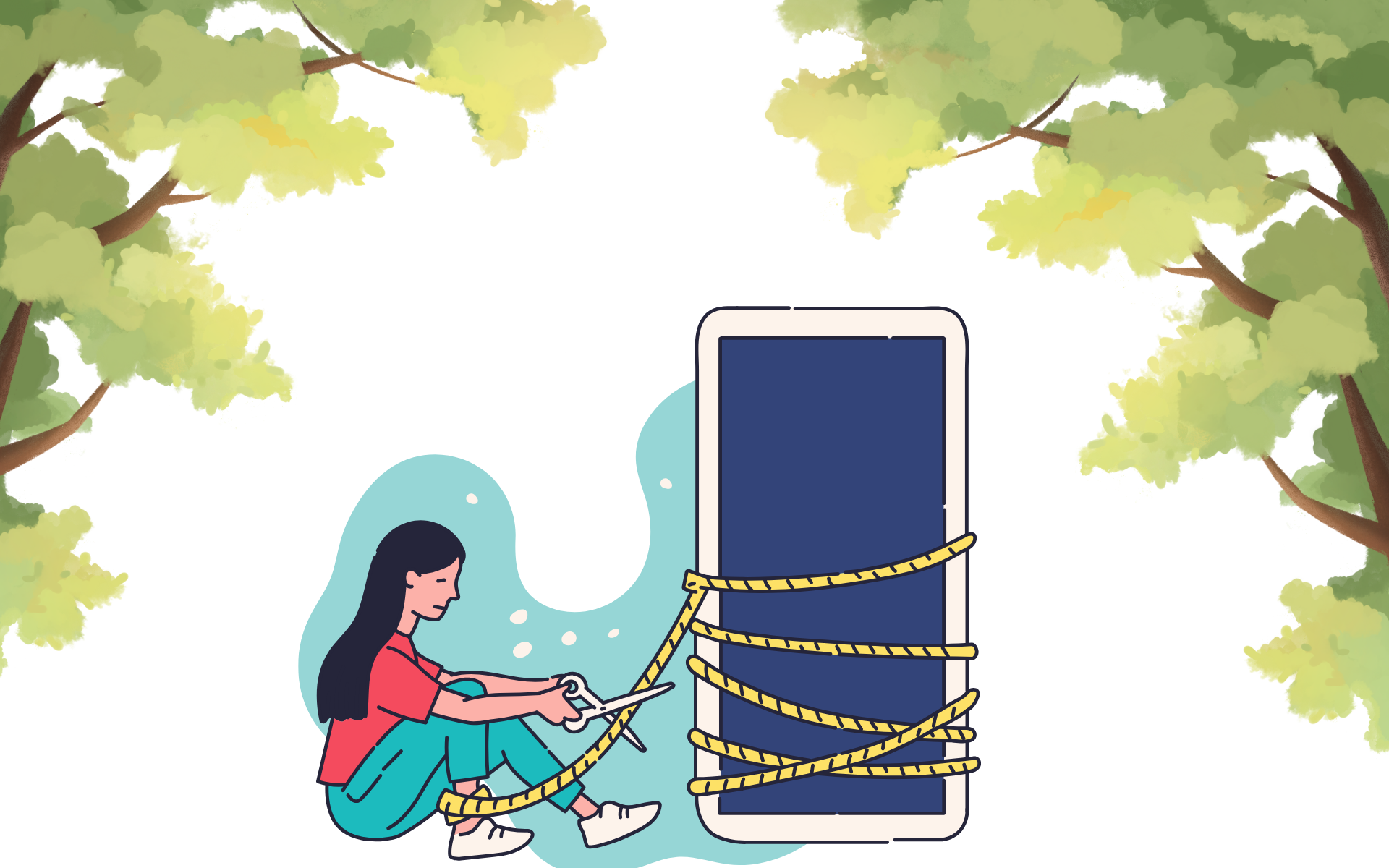 A cartoon of a girl cutting a rope wrapped around her cell phone with trees in the background.