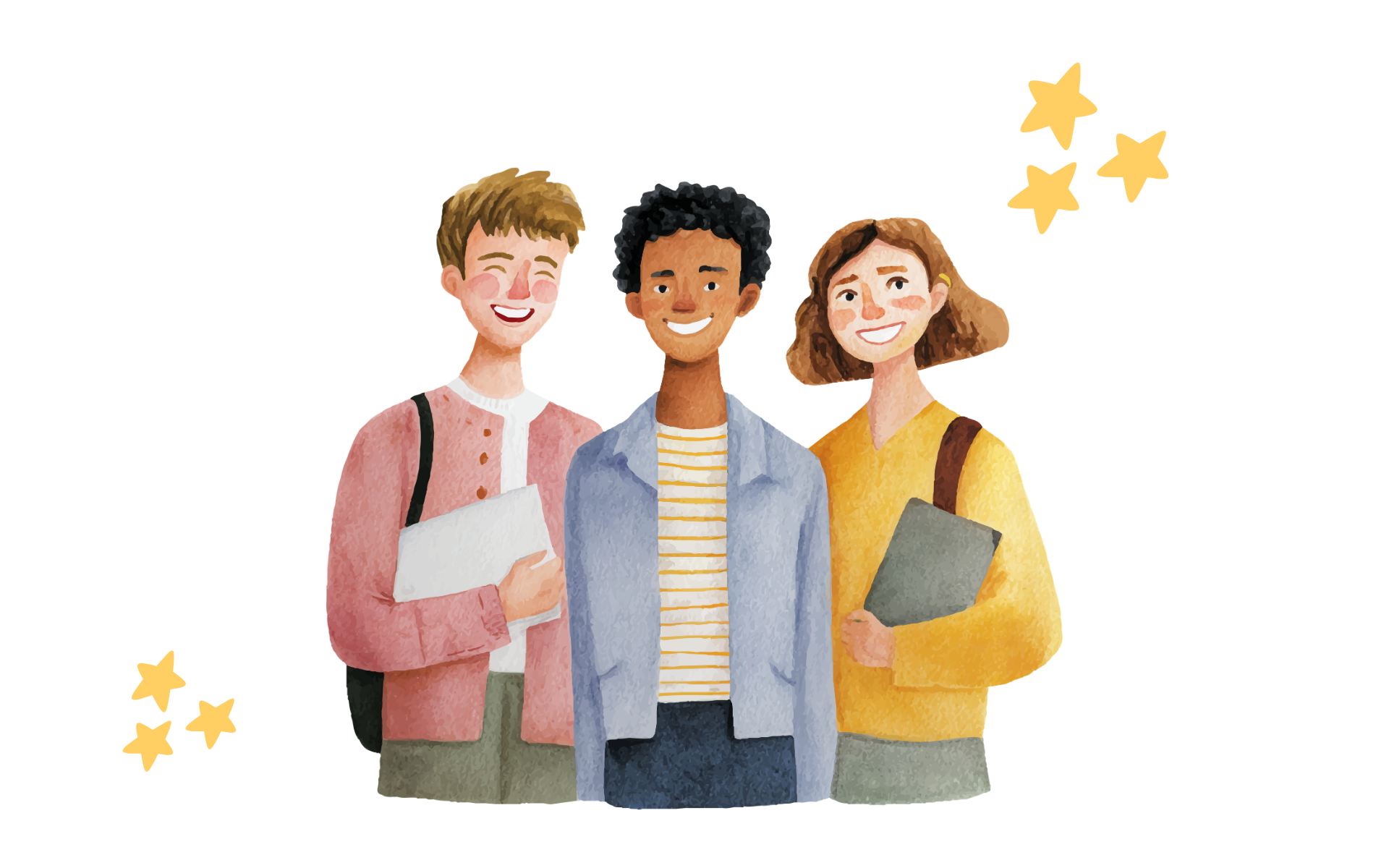 Three students standing next to each other and a group of stars on each side of the group of students. 