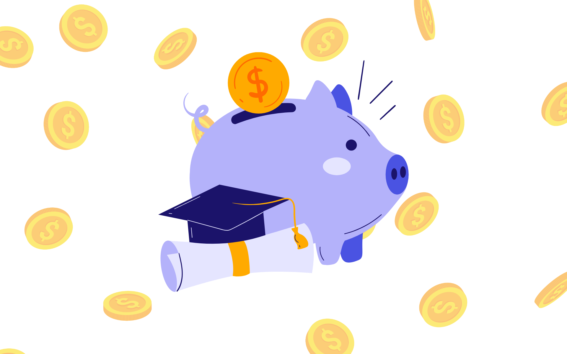A piggy bank, a diploma, a graduation cap, and money coins. 