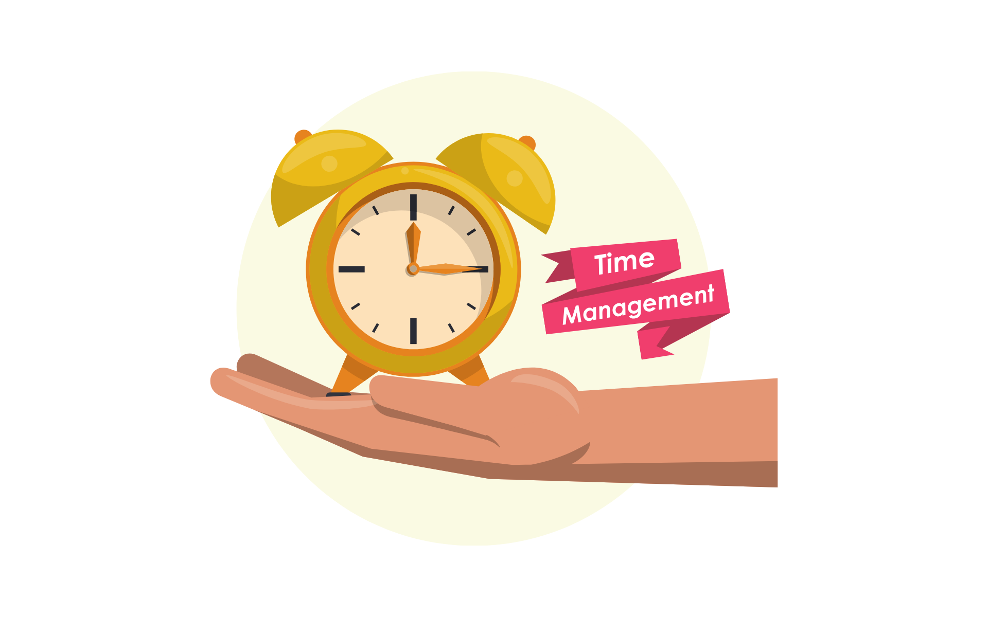 A hand holding a clock adjacent to a ribbon with time management written on it.