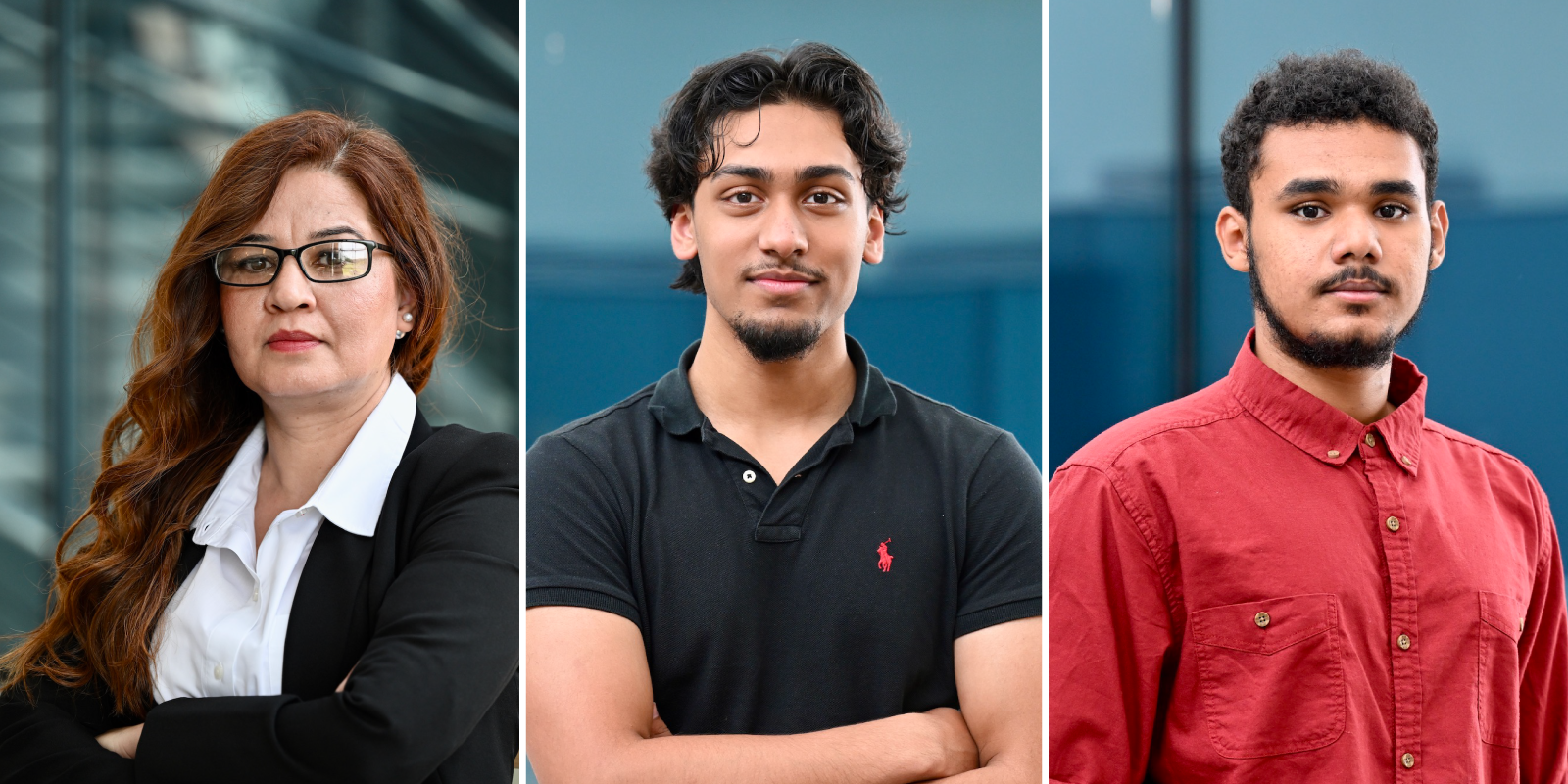 A triple portrait of 3 cybersecurity students in separate photos. A female student on the left and two male students in the center and on the right.